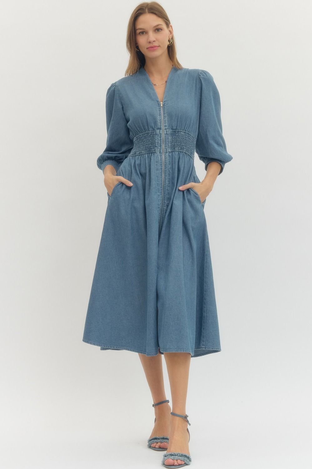 Solid Denim 3/4 Sleeve Midi with Smocked Waist