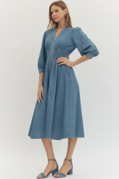Solid Denim 3/4 Sleeve Midi with Smocked Waist