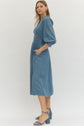 Solid Denim 3/4 Sleeve Midi with Smocked Waist