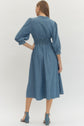 Solid Denim 3/4 Sleeve Midi with Smocked Waist