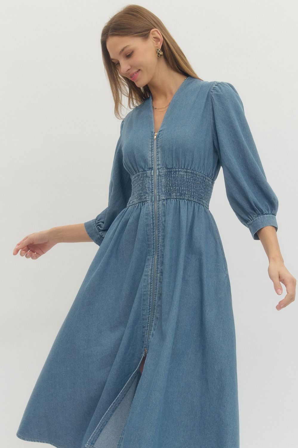 Solid Denim 3/4 Sleeve Midi with Smocked Waist