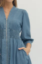 Solid Denim 3/4 Sleeve Midi with Smocked Waist