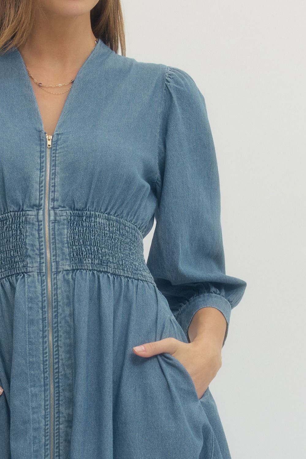 Solid Denim 3/4 Sleeve Midi with Smocked Waist