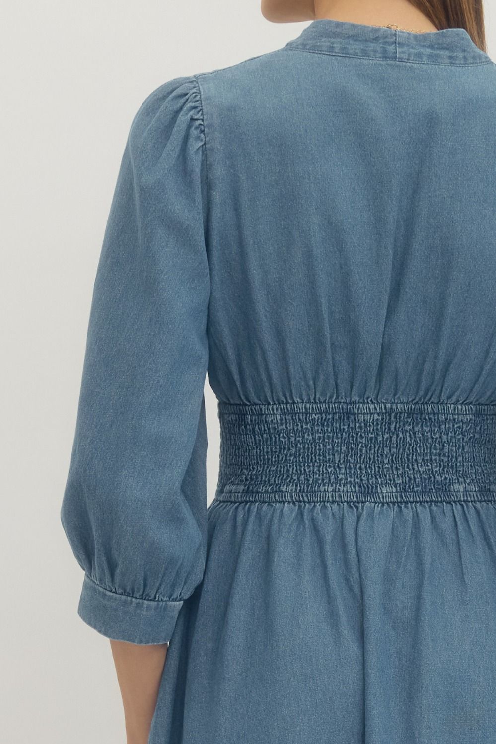 Solid Denim 3/4 Sleeve Midi with Smocked Waist