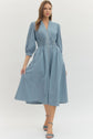 Solid Denim 3/4 Sleeve Midi with Smocked Waist