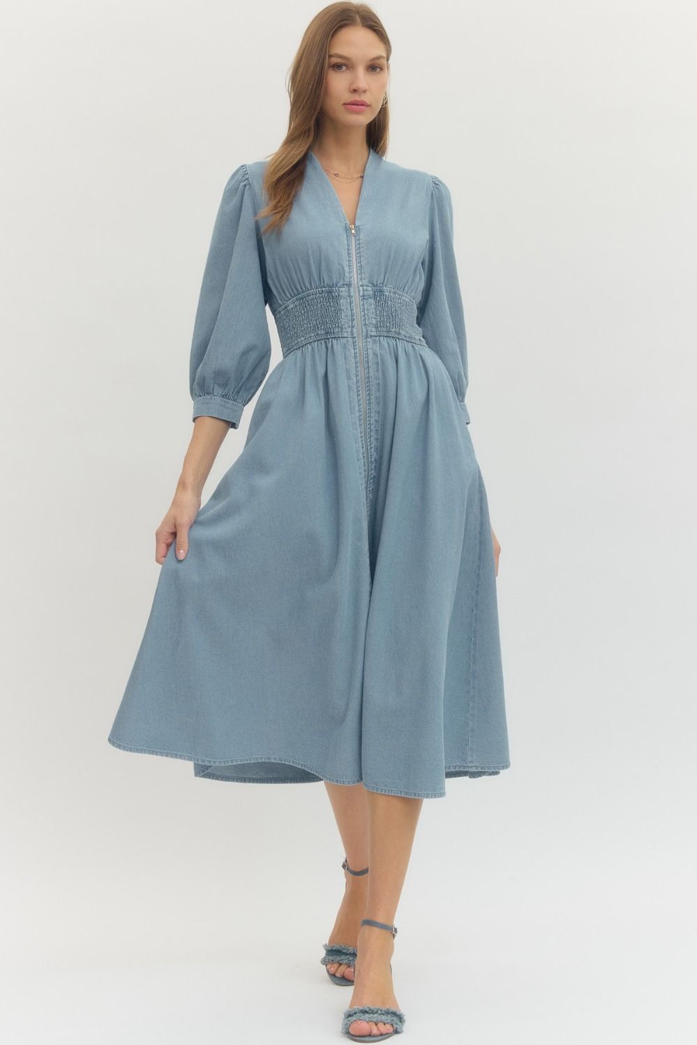 Solid Denim 3/4 Sleeve Midi with Smocked Waist