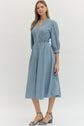 Solid Denim 3/4 Sleeve Midi with Smocked Waist