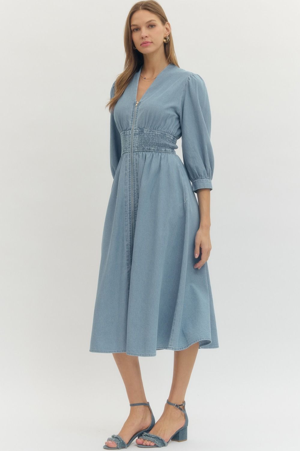 Solid Denim 3/4 Sleeve Midi with Smocked Waist