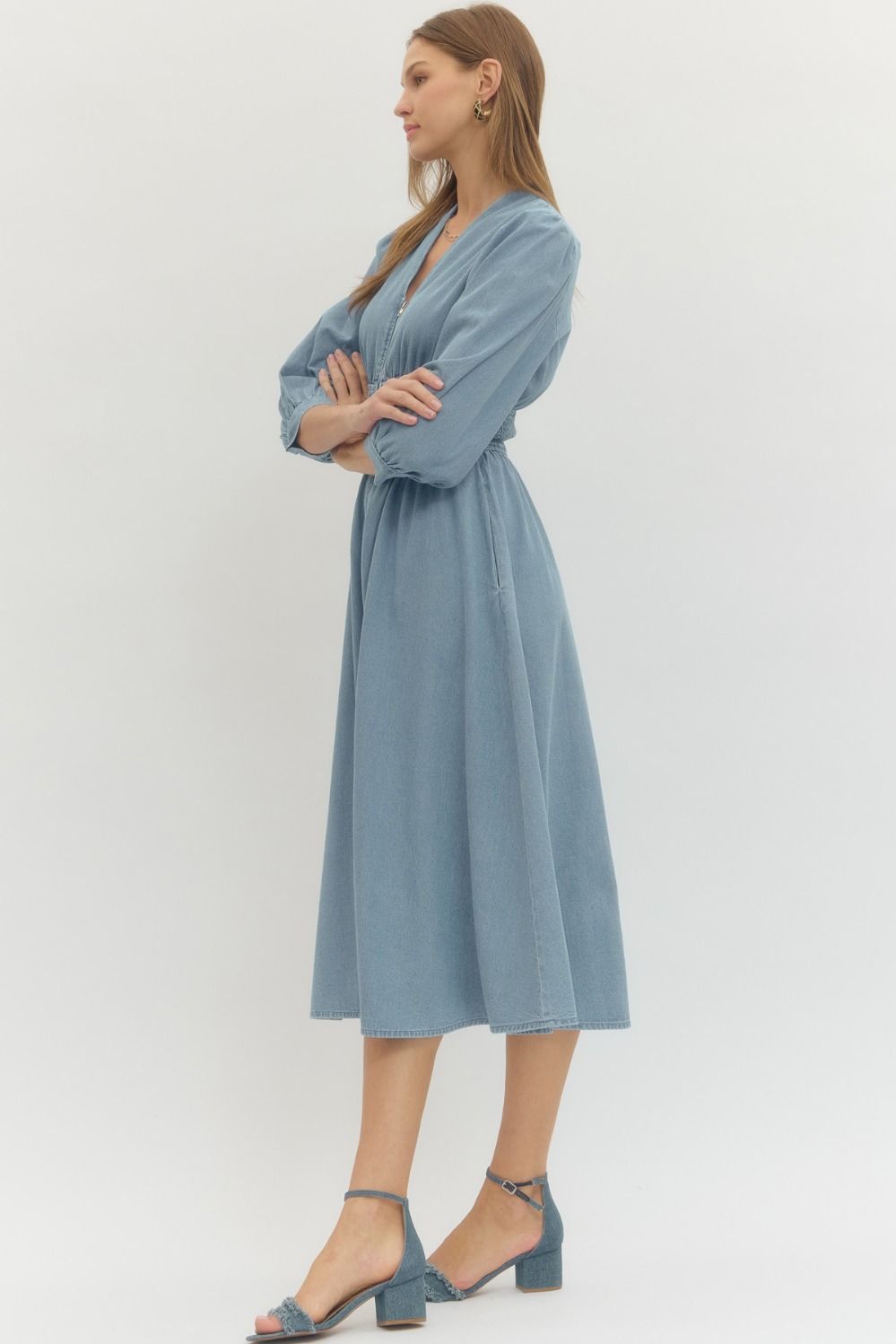 Solid Denim 3/4 Sleeve Midi with Smocked Waist
