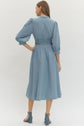 Solid Denim 3/4 Sleeve Midi with Smocked Waist