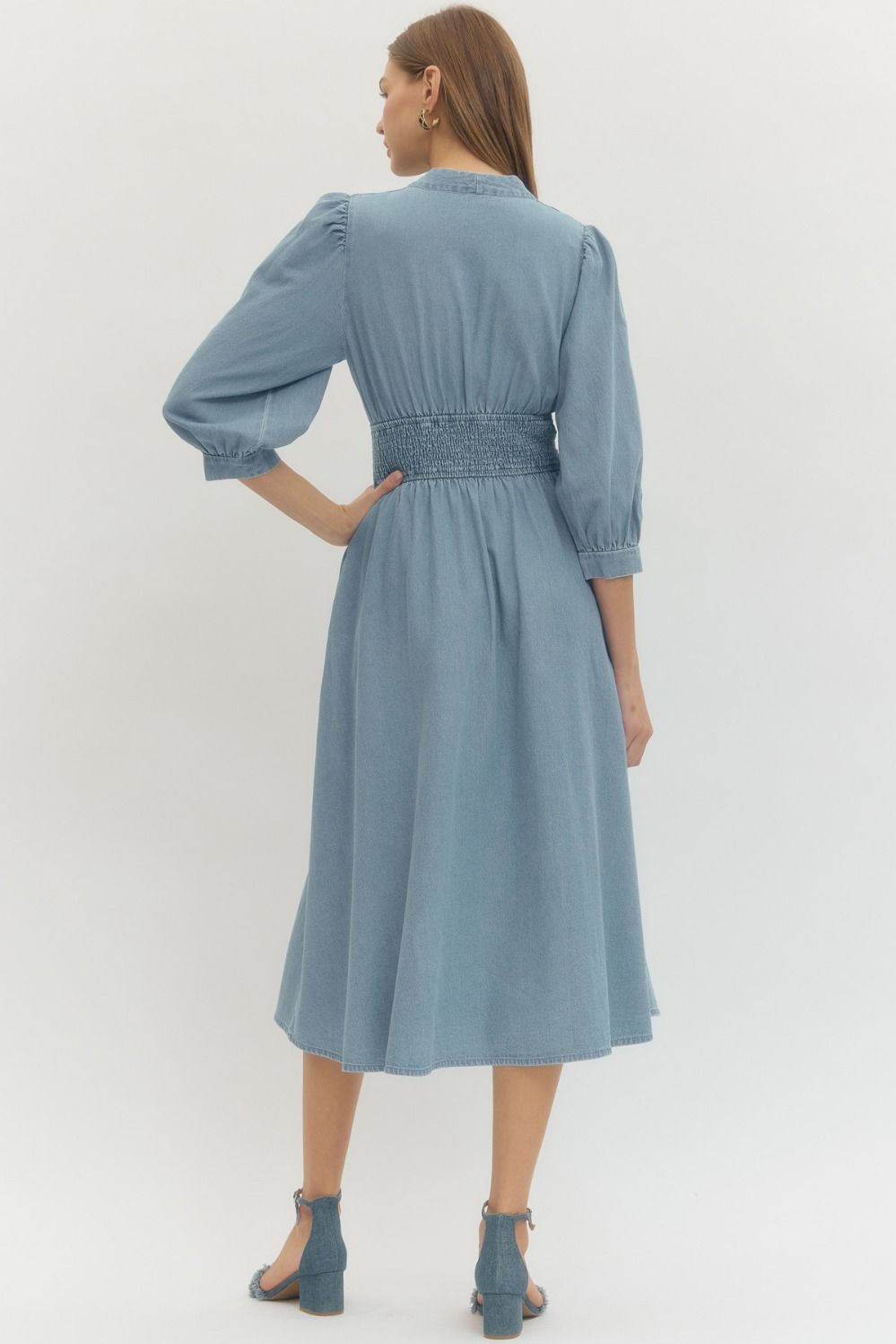 Solid Denim 3/4 Sleeve Midi with Smocked Waist