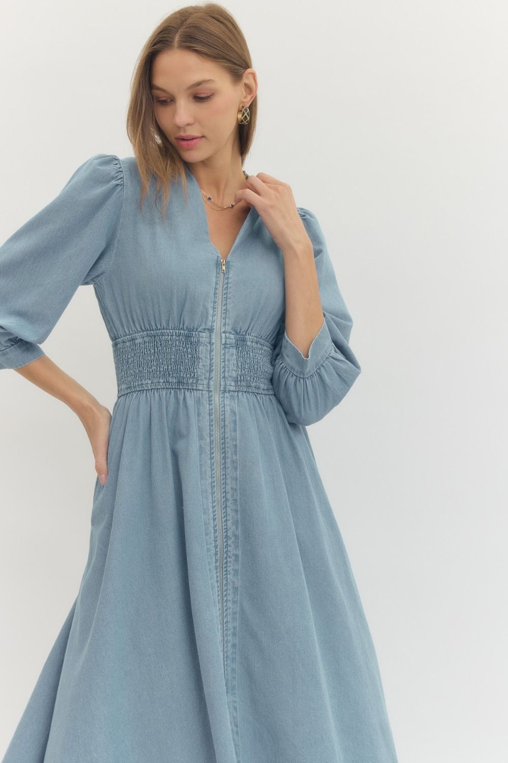 Solid Denim 3/4 Sleeve Midi with Smocked Waist