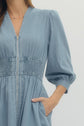 Solid Denim 3/4 Sleeve Midi with Smocked Waist