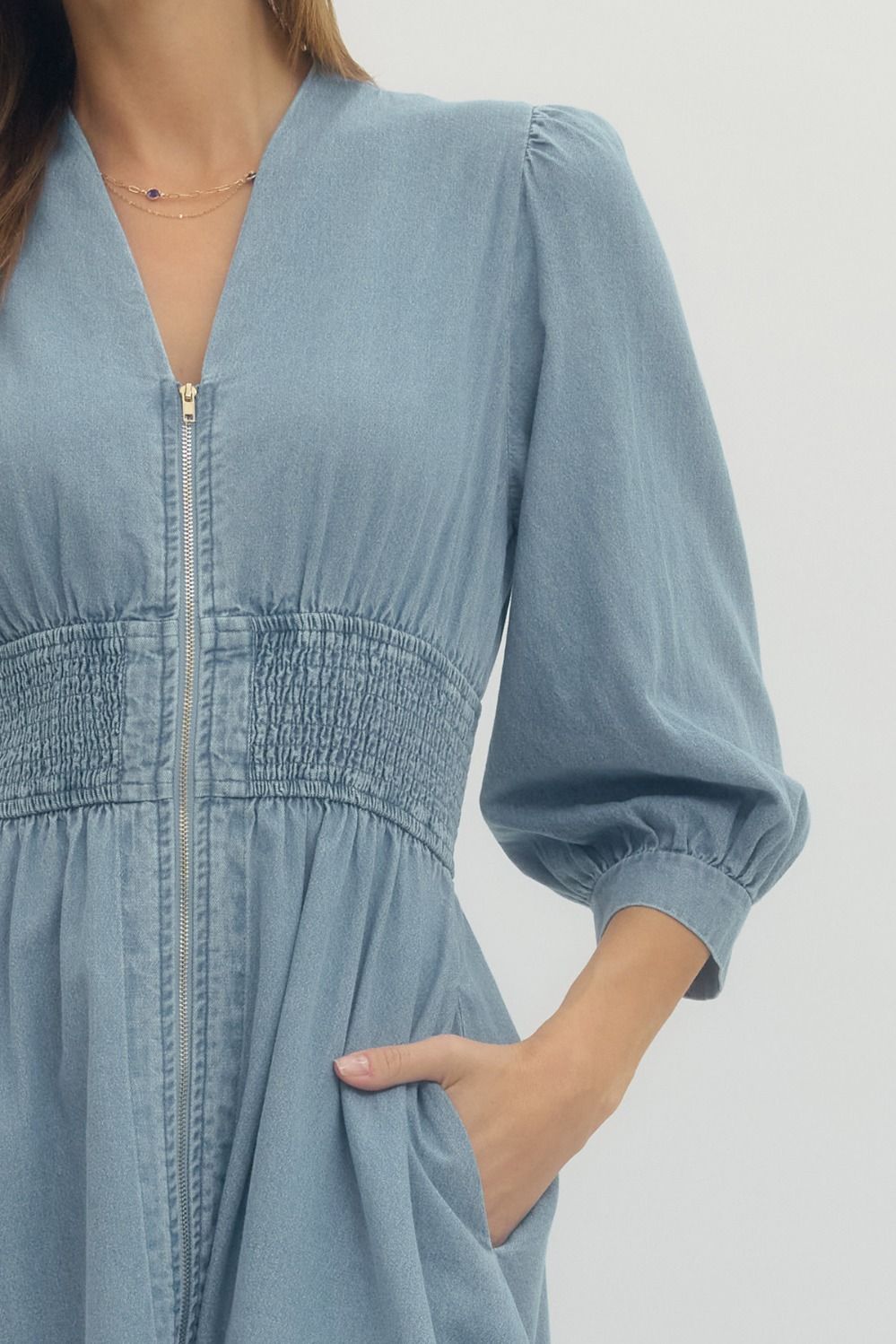 Solid Denim 3/4 Sleeve Midi with Smocked Waist