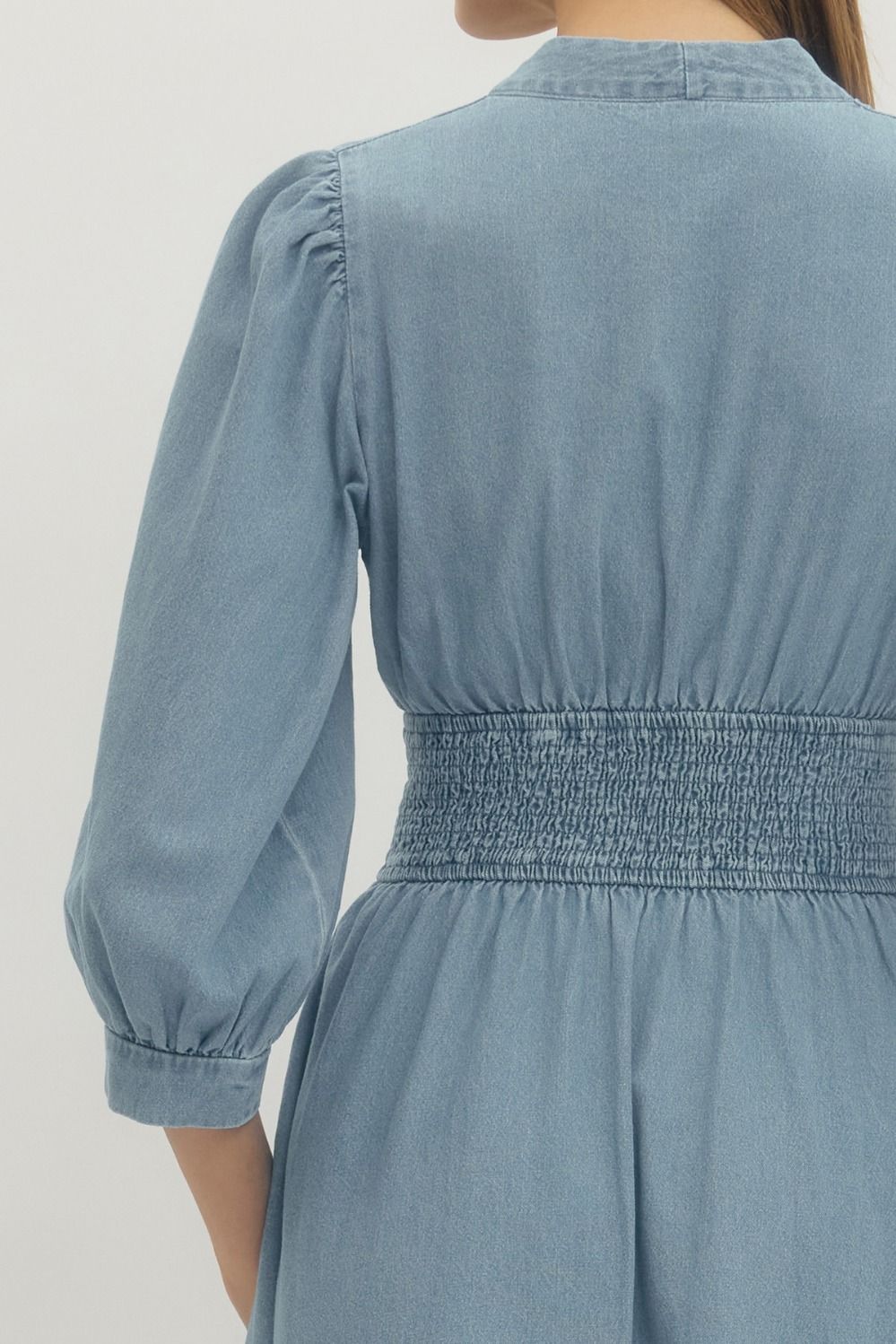 Solid Denim 3/4 Sleeve Midi with Smocked Waist
