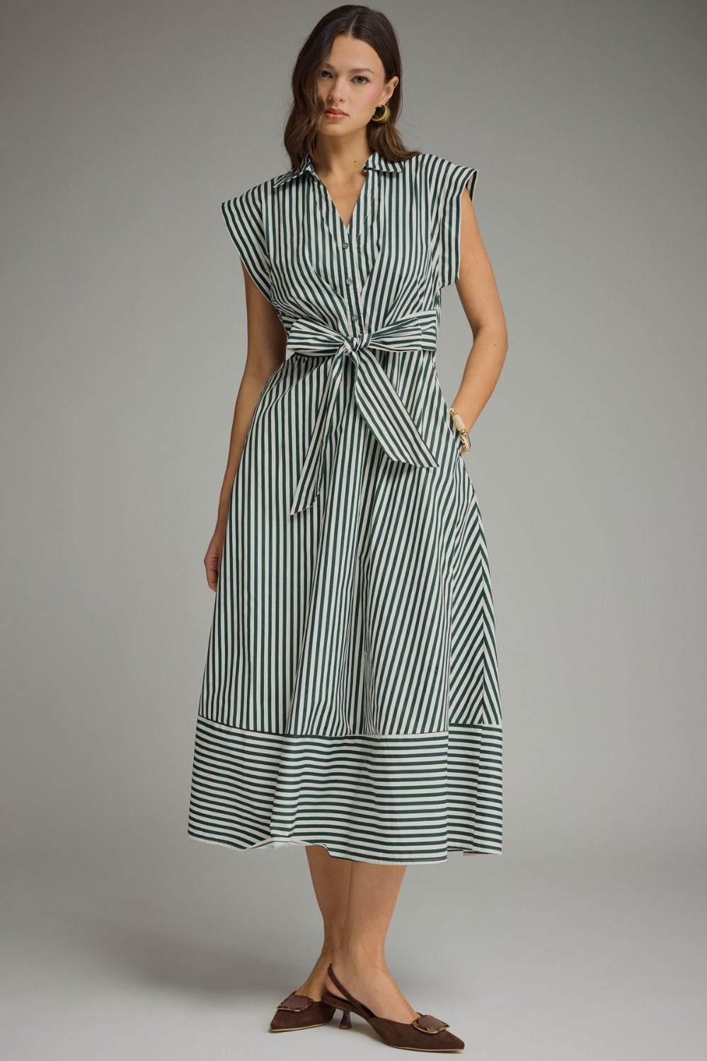 Striped Collard Cuff Sleeve Shirt Dress