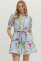 Blue Floral Stripe Print Mini Dress