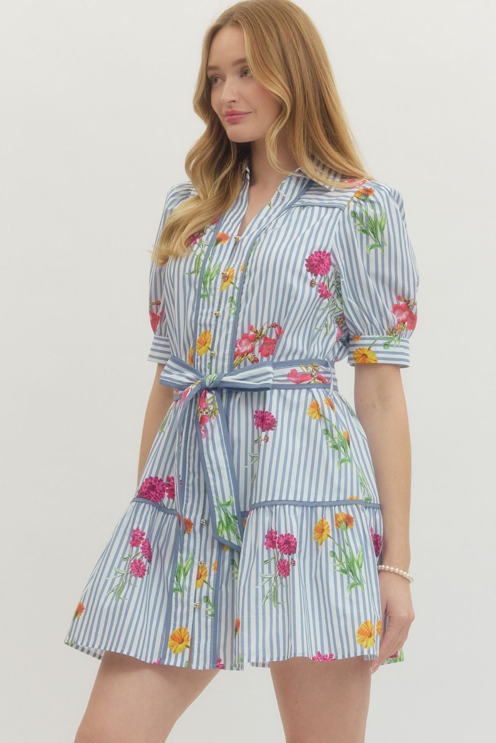 Blue Floral Stripe Print Mini Dress