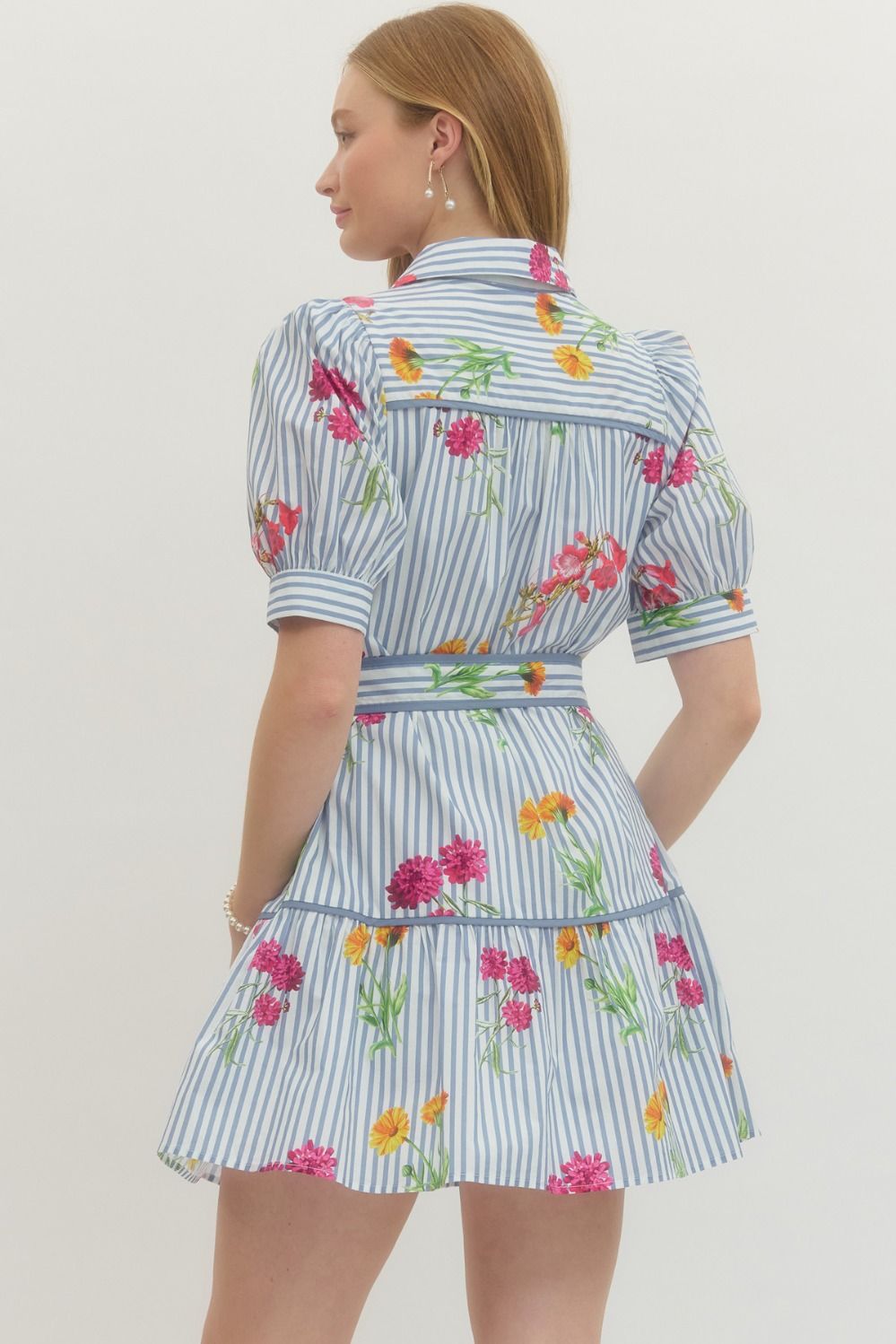 Blue Floral Stripe Print Mini Dress