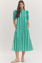 Blue/Green Stripe Puff Sleeve Midi