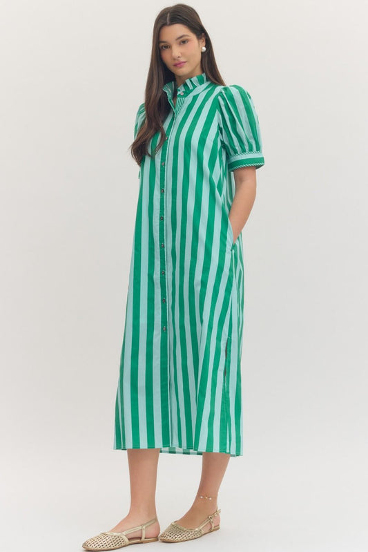 Blue/Green Stripe Puff Sleeve Midi