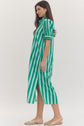 Blue/Green Stripe Puff Sleeve Midi