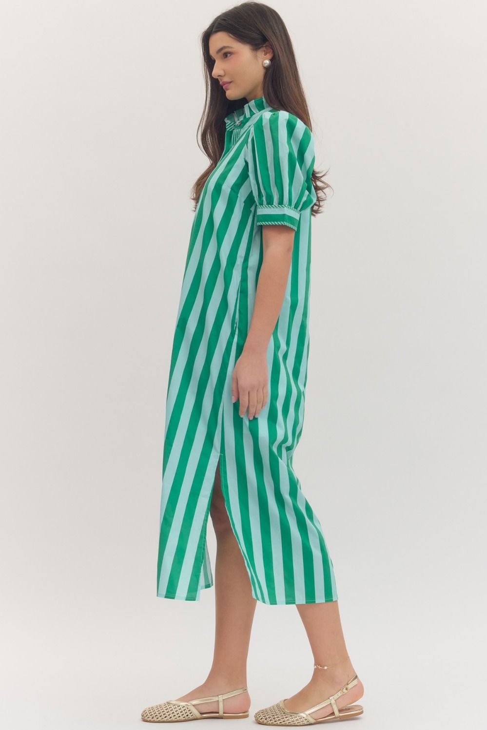 Blue/Green Stripe Puff Sleeve Midi