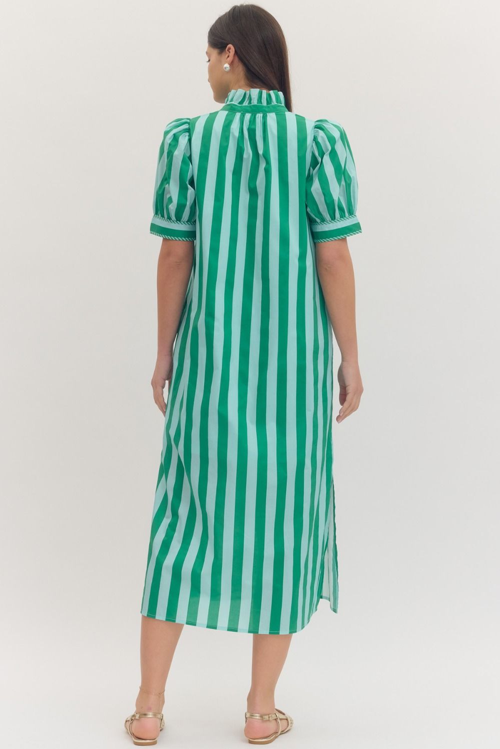 Blue/Green Stripe Puff Sleeve Midi
