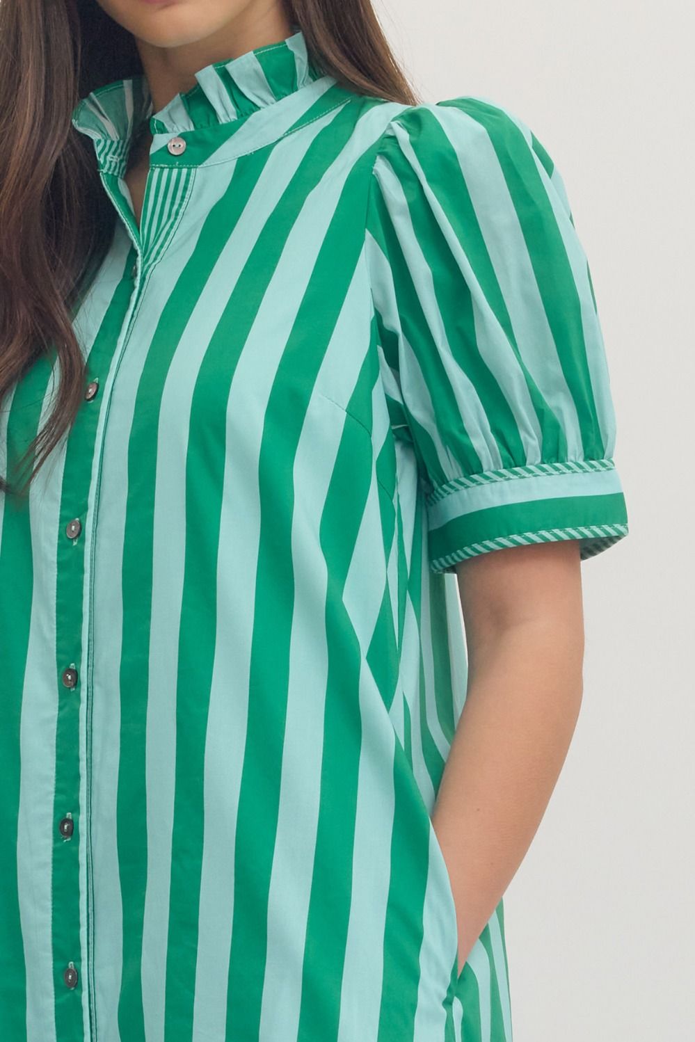 Blue/Green Stripe Puff Sleeve Midi