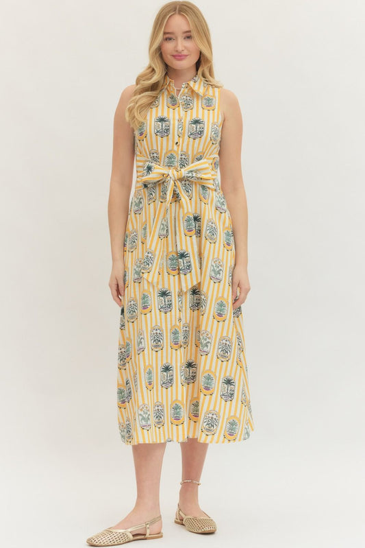 Gold Sleeveless Botanical Print Midi