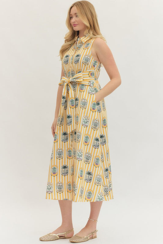 Gold Sleeveless Botanical Print Midi