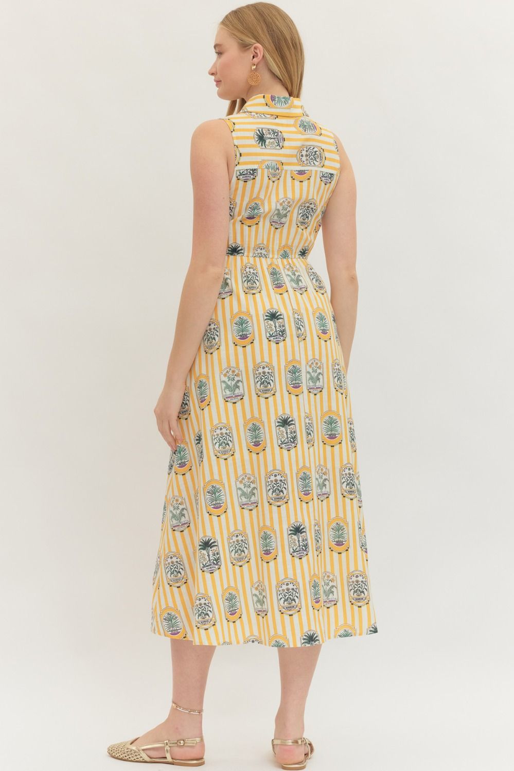 Gold Sleeveless Botanical Print Midi