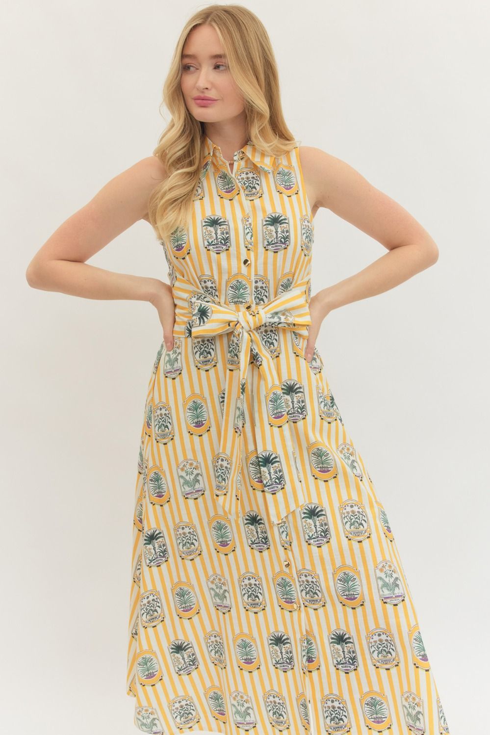Gold Sleeveless Botanical Print Midi