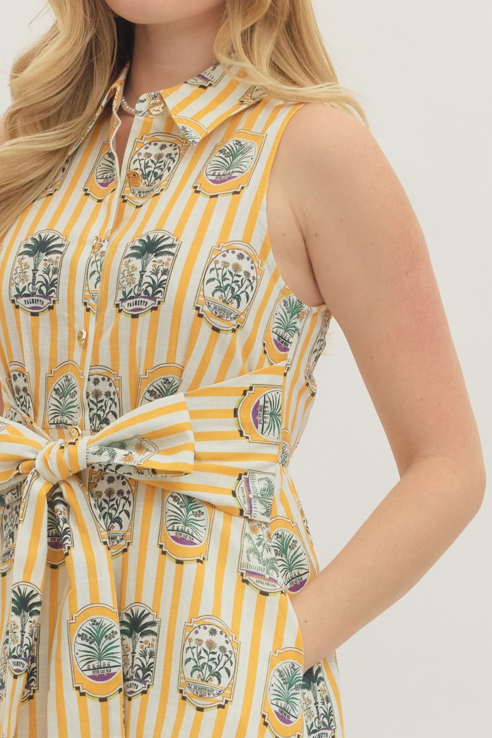 Gold Sleeveless Botanical Print Midi