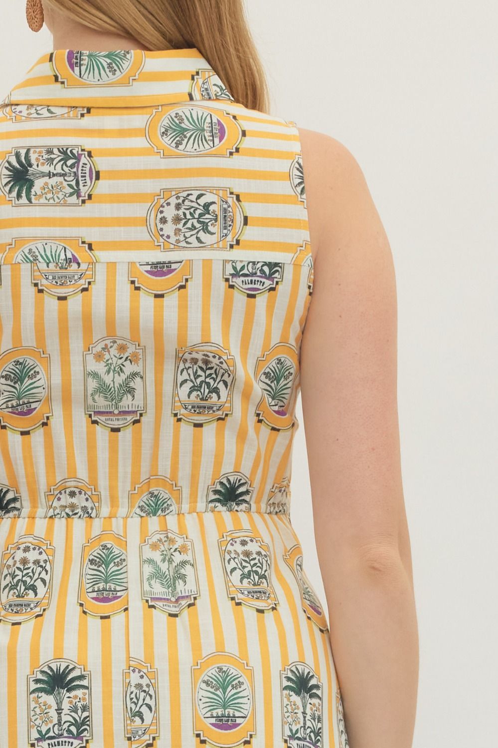 Gold Sleeveless Botanical Print Midi