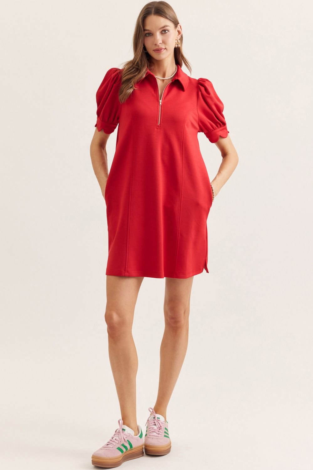 Solid Puff Sleeve Mini Dress with Zip Closure