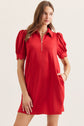 Solid Puff Sleeve Mini Dress with Zip Closure