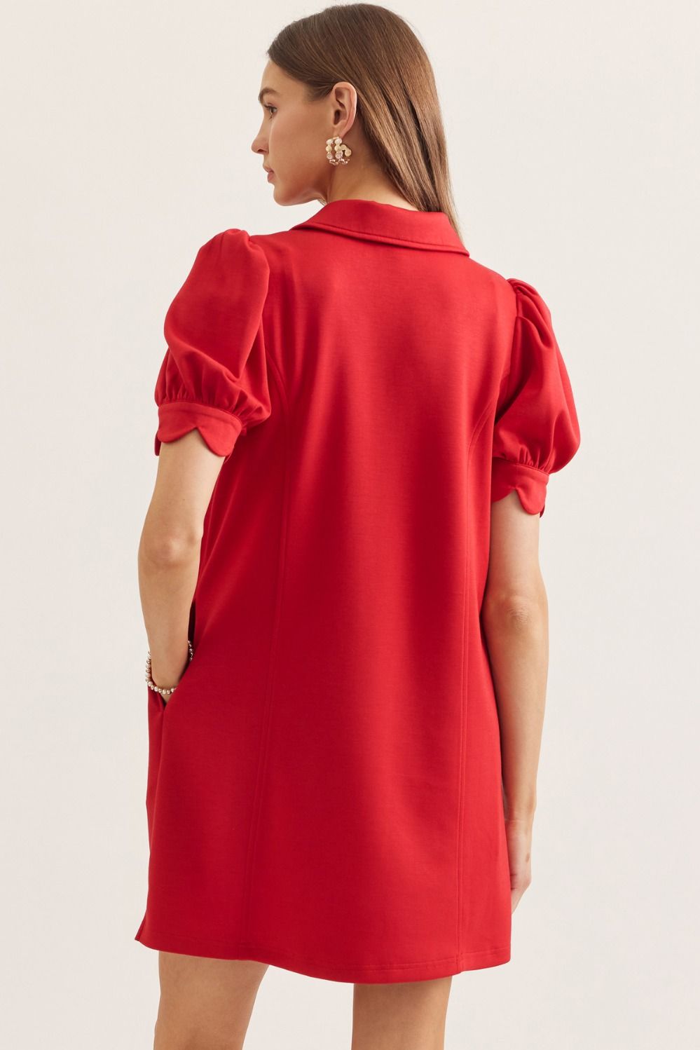 Solid Puff Sleeve Mini Dress with Zip Closure
