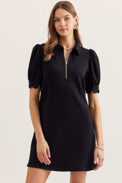 Solid Puff Sleeve Mini Dress with Zip Closure