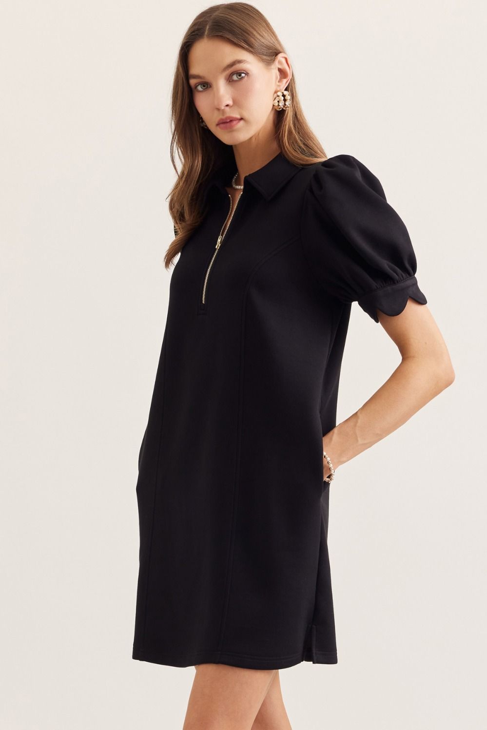 Solid Puff Sleeve Mini Dress with Zip Closure