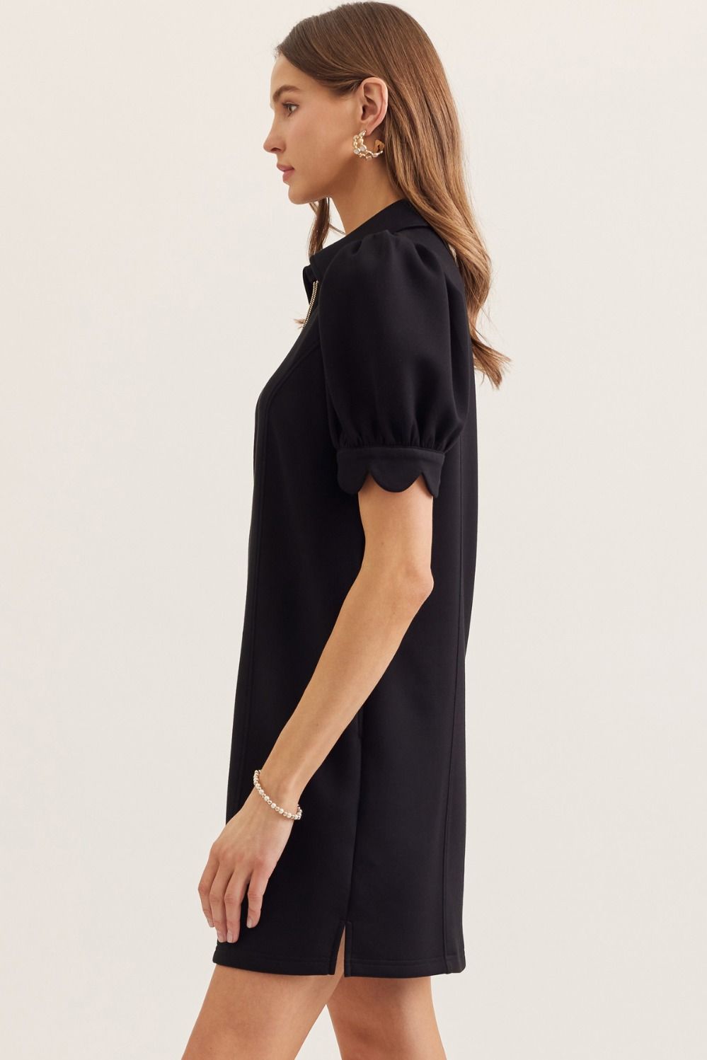 Solid Puff Sleeve Mini Dress with Zip Closure