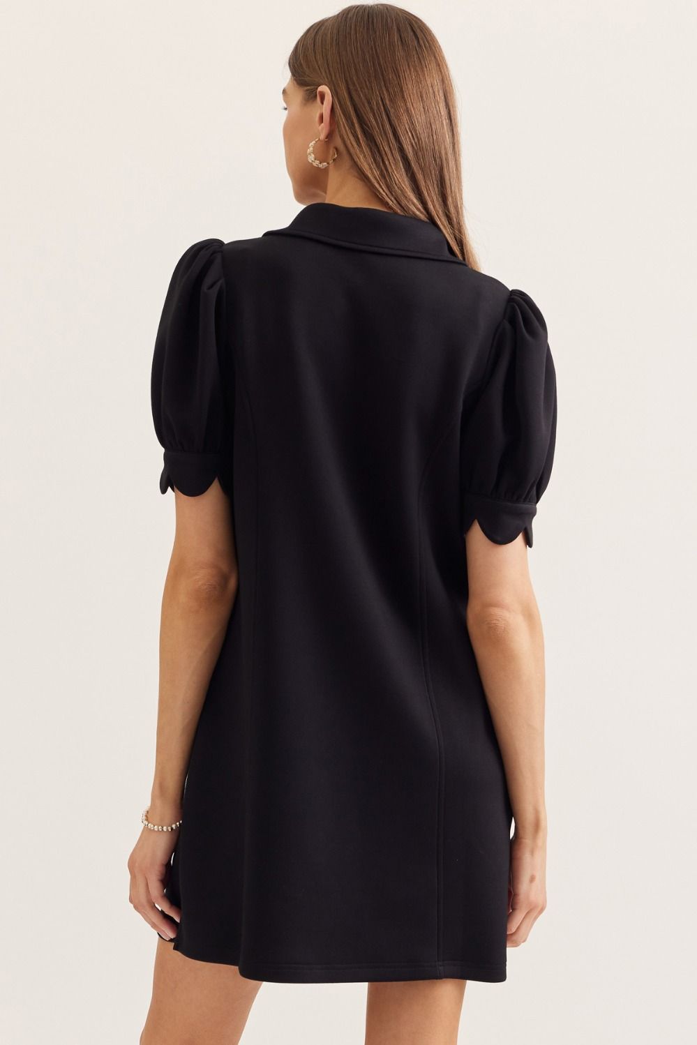 Solid Puff Sleeve Mini Dress with Zip Closure