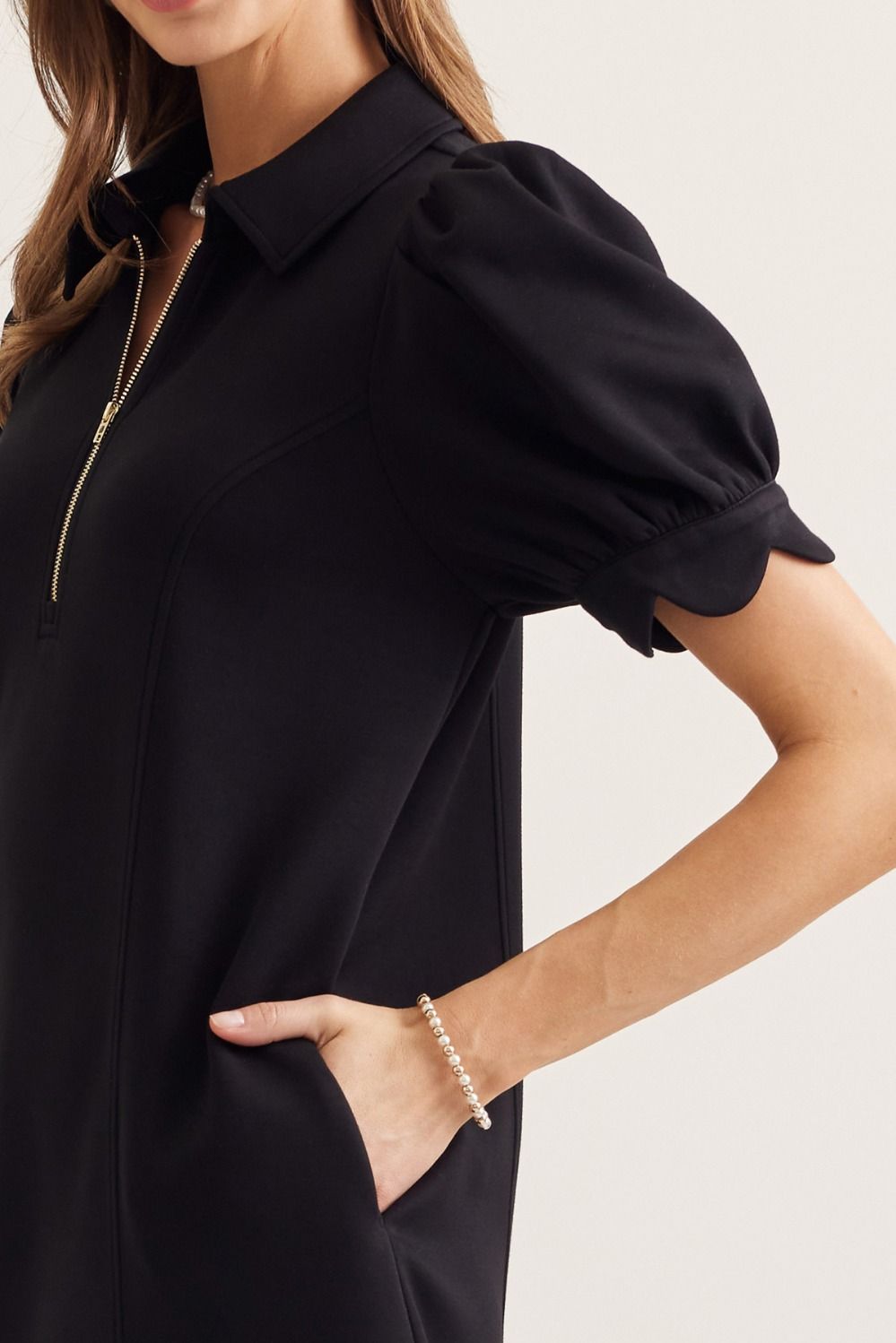 Solid Puff Sleeve Mini Dress with Zip Closure