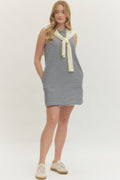 Navy Striped Sleeveless Mini with Knit Scarf Drape