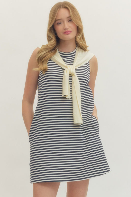 Navy Striped Sleeveless Mini with Knit Scarf Drape