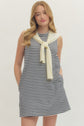 Navy Striped Sleeveless Mini with Knit Scarf Drape