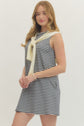 Navy Striped Sleeveless Mini with Knit Scarf Drape