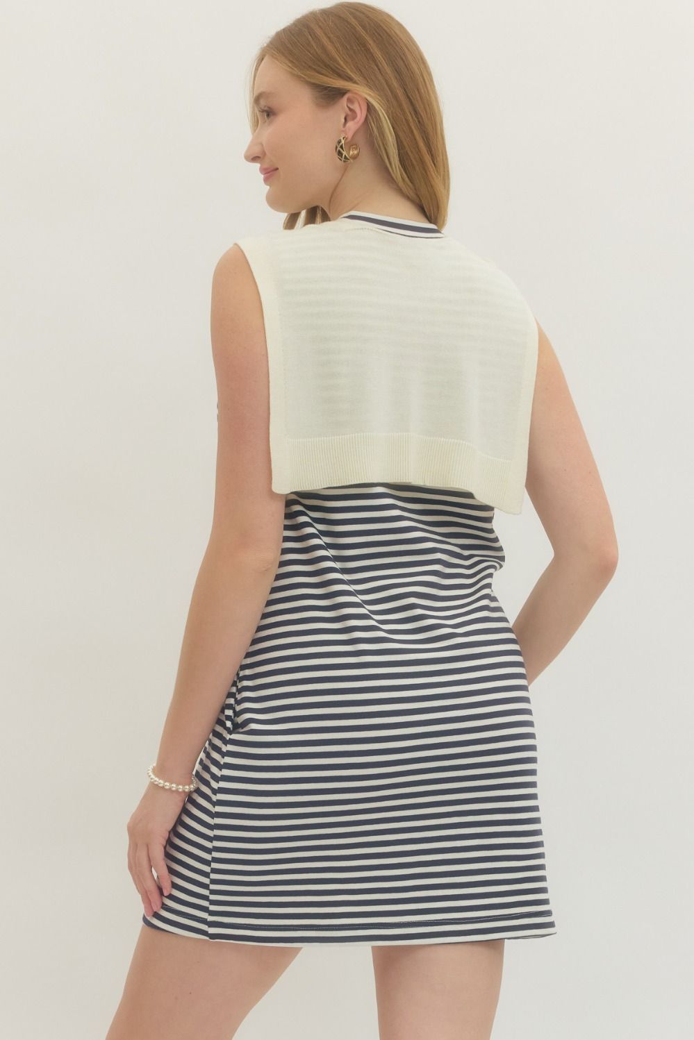 Navy Striped Sleeveless Mini with Knit Scarf Drape