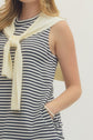 Navy Striped Sleeveless Mini with Knit Scarf Drape