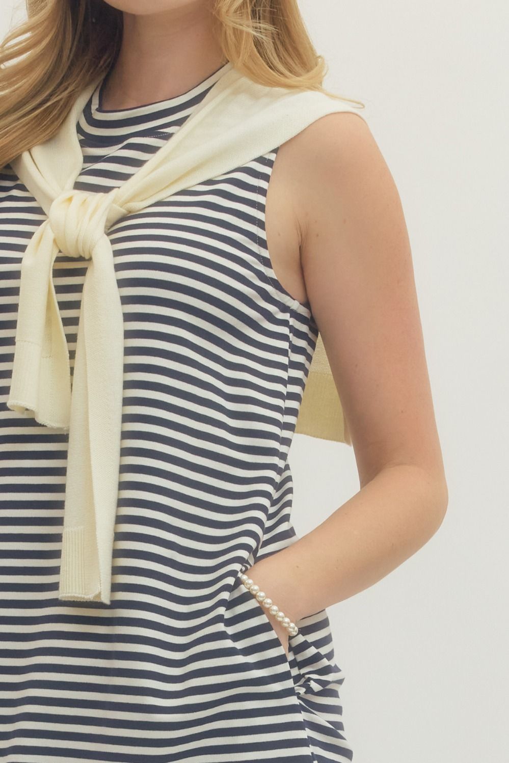 Navy Striped Sleeveless Mini with Knit Scarf Drape